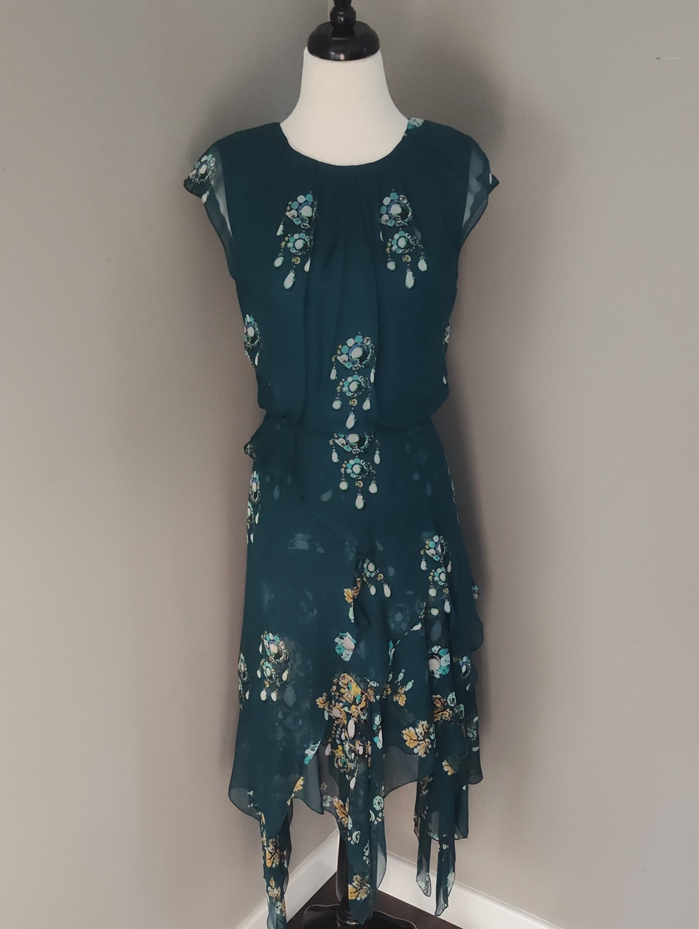 Oscar de la Renta Teal Floral 100% Silk Lined Handkerchief Hem Dress